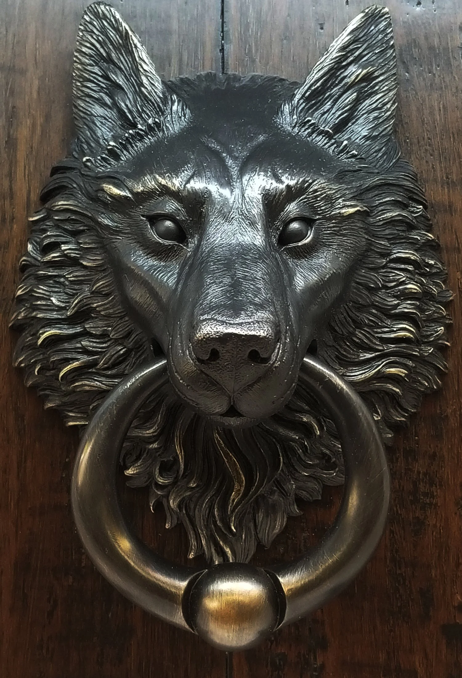 Satin Nickel Plated Bronze Wolf Head Door Knocker with Ball Ring